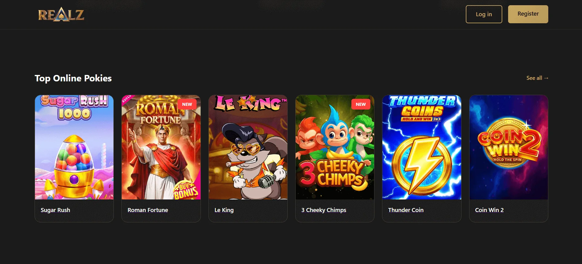 Schermata del lobby di gioco di Realz Casino su desktop
